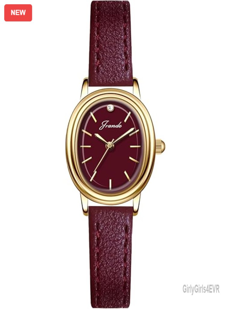 Vintage Women's Leather Wrist Watch Small Gold Oval Square Case, Minimalist